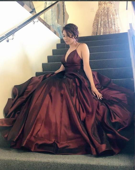 Elegant and simple long ball satin ball gown with deep V-neck and thin straps