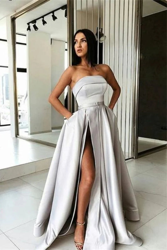 Elegant and sexy strapless silver satin long simple ball dress