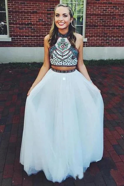 Elegant two-piece Bohemian ball dress white A-line long formal dress
