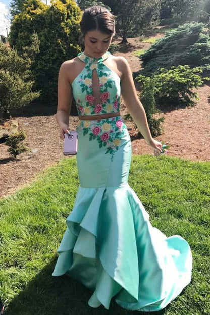 Elegant and noble two-piece mint halter gown