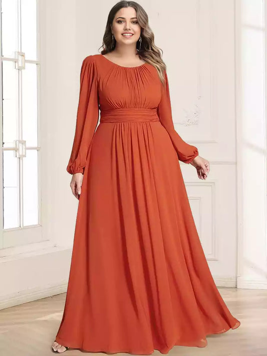 Elegant A-line/Princess Wind and Snow Spinning Round Neck Long Sleeve Folded Large Size Mother of the Bride Dresses