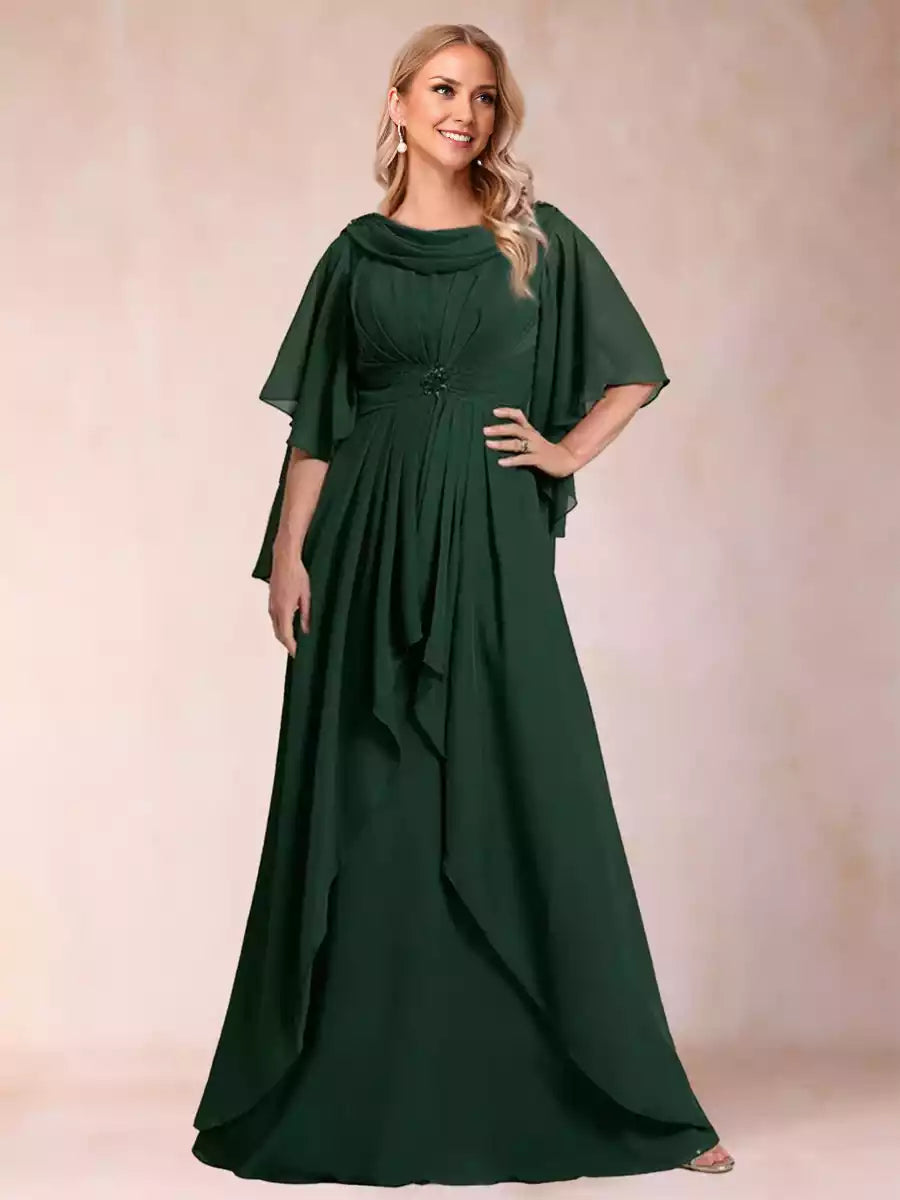 Elegant A-line/Princess style round neck half cuff bead decoration sheer ruffle Mother of the Bride Dresses