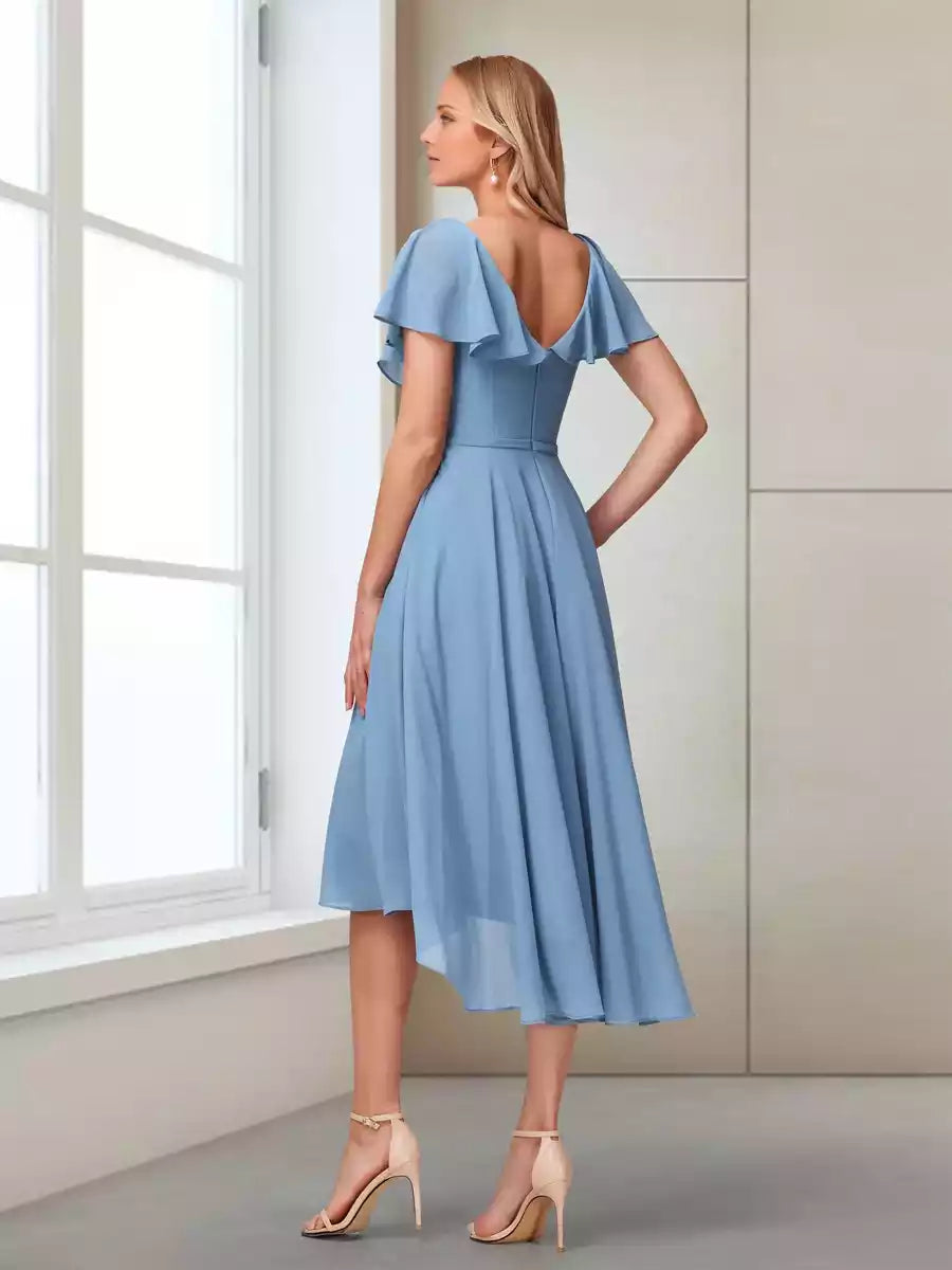 Elegant A-line V-neck short sleeved asymmetrical chiffon Mother of the Bride Dresses