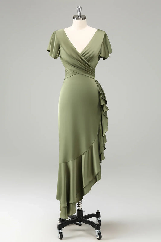 Elegant A-line V-neck short sleeved asymmetrical pleated bridesmaid dress