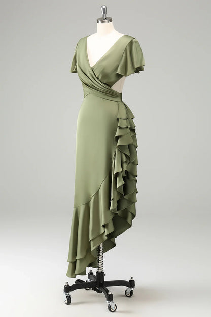 Elegant A-line V-neck short sleeved asymmetrical pleated bridesmaid dress