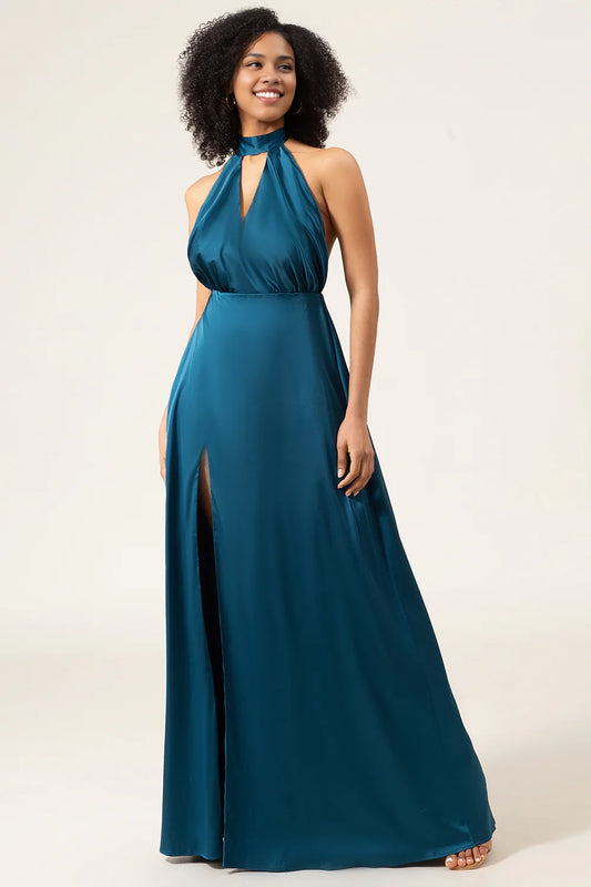 Elegant A-line backless and floor slit bridesmaid dress