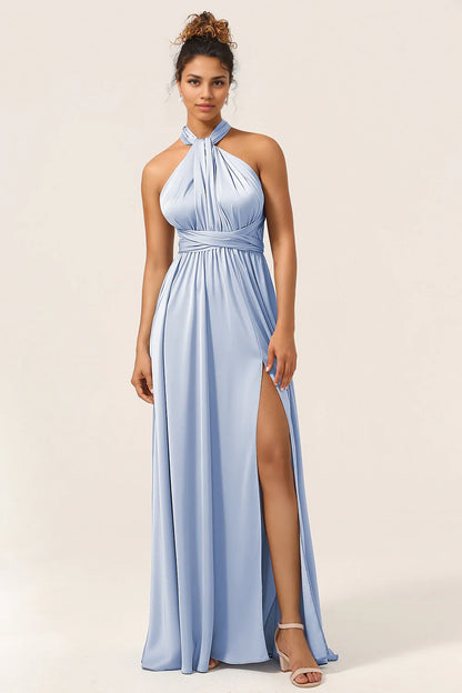 Elegant A-line convertible floor length satin bridesmaid dress