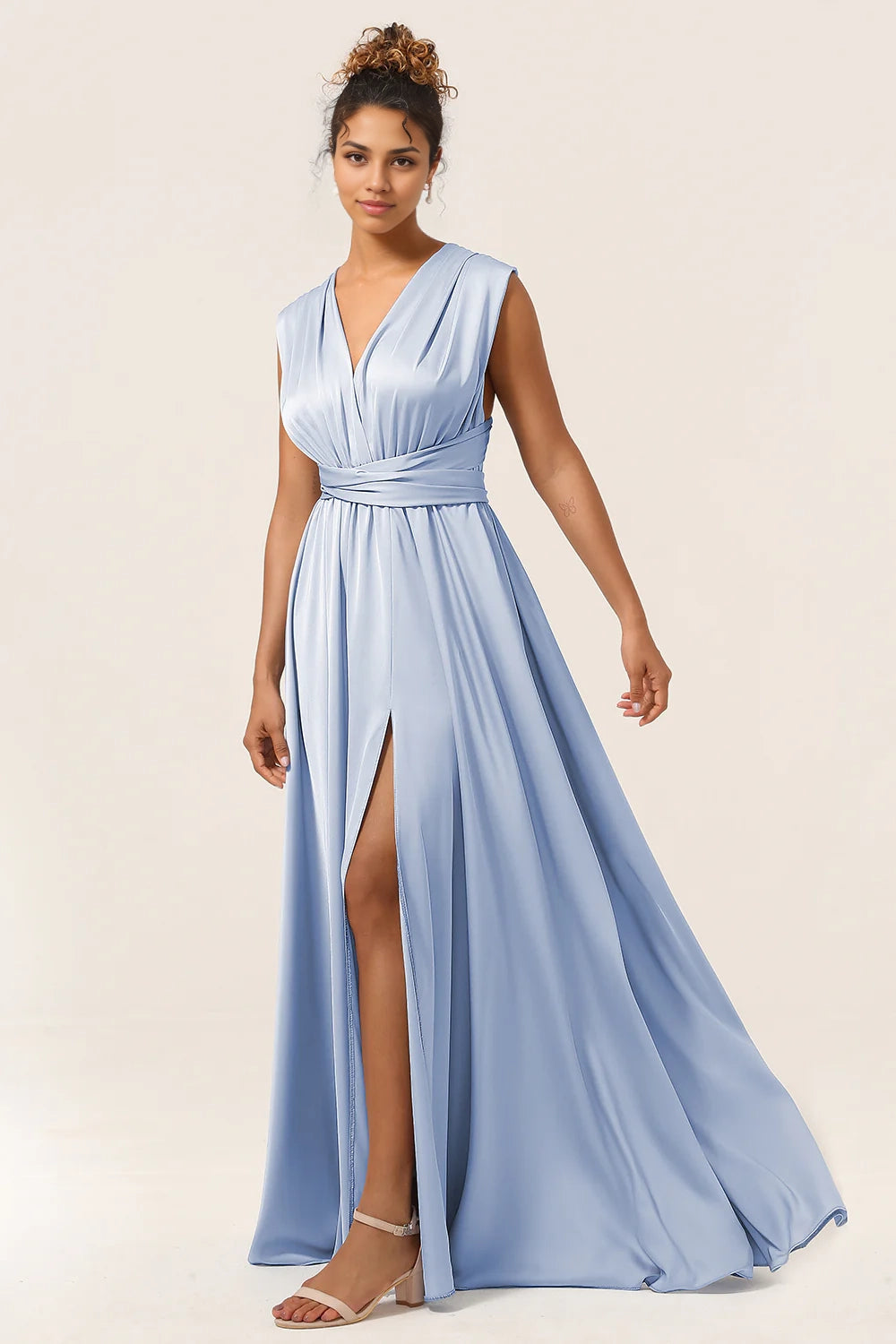 Elegant A-line convertible floor length satin bridesmaid dress