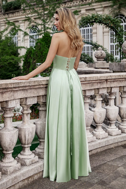 Elegant A-line off shoulder pleated hollow out long slit bridesmaid dress