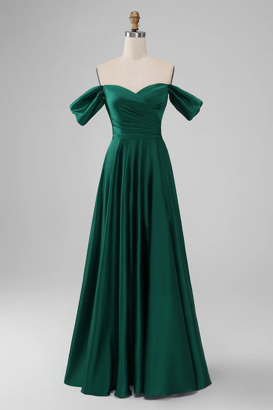 Elegant A-line off shoulder pleated satin long bridesmaid dress