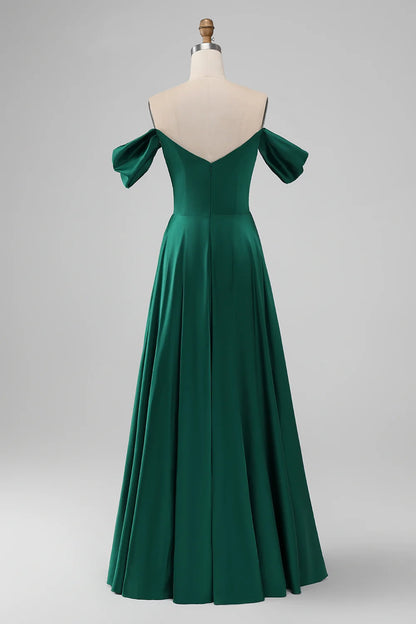 Elegant A-line off shoulder pleated satin long bridesmaid dress