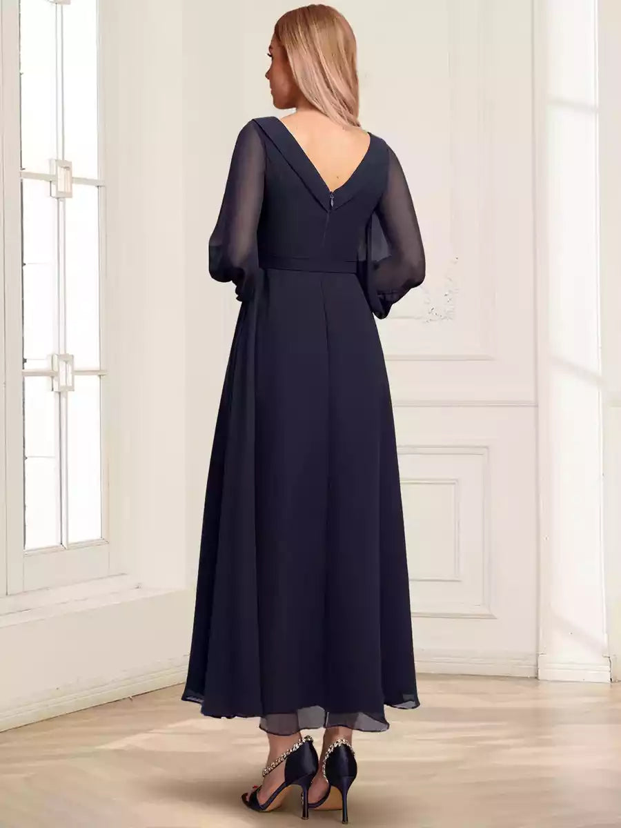 Elegant A-line/princess V-neck long sleeves with ankle folds Mother of the Bride Dresses