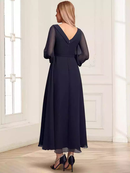 Elegant A-line/princess V-neck long sleeves with ankle folds Mother of the Bride Dresses