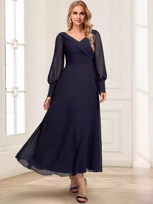 Elegant A-line/princess V-neck long sleeves with ankle folds Mother of the Bride Dresses