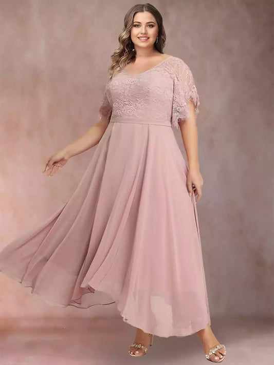 Elegant A-line/princess V-neck short sleeved plus size decal long Mother of the Bride Dresses