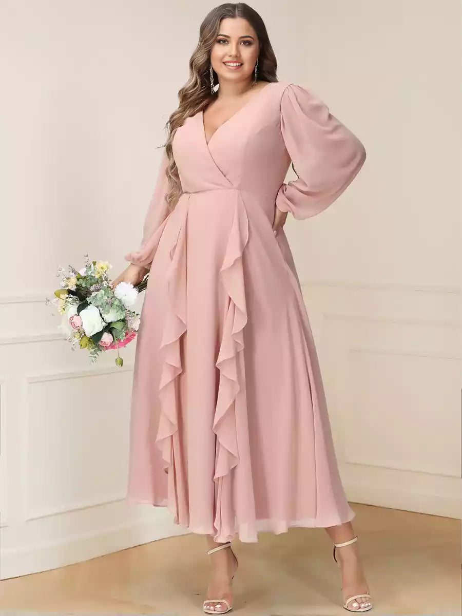 Elegant A-line/princess style V-neck long sleeved chiffon knee length ruffle hem plus size Mother of the Bride Dresses