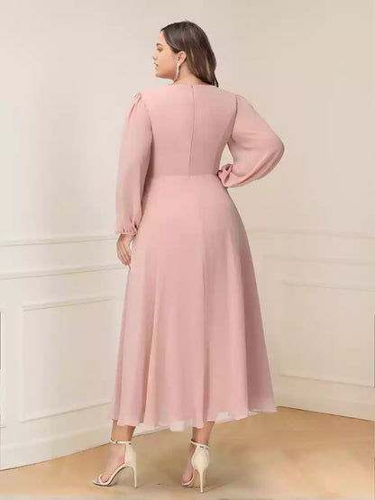 Elegant A-line/princess style V-neck long sleeved chiffon knee length ruffle hem plus size Mother of the Bride Dresses
