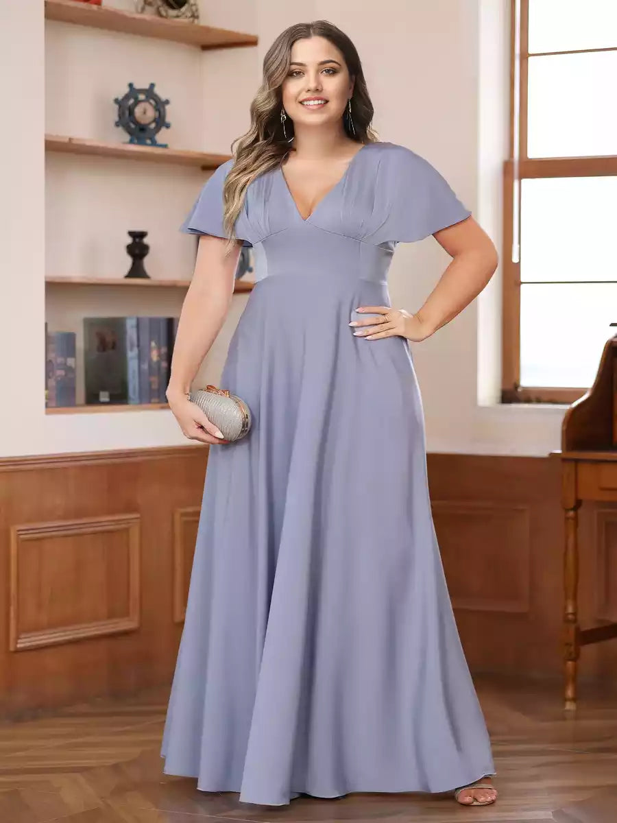 Elegant A-line/princess style V-neck short sleeved pleated plus size Mother of the Bride Dresses