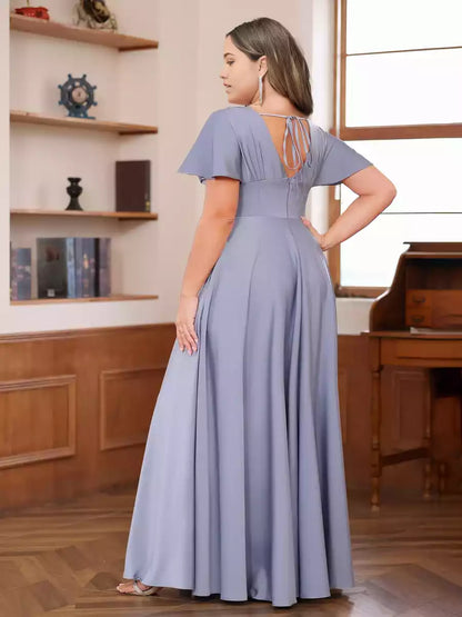 Elegant A-line/princess style V-neck short sleeved pleated plus size Mother of the Bride Dresses