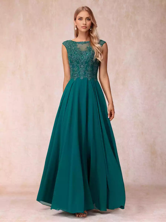 Elegant A-line/princess style chiffon collar sleeveless long formal beaded and applique Mother of the Bride Dresses