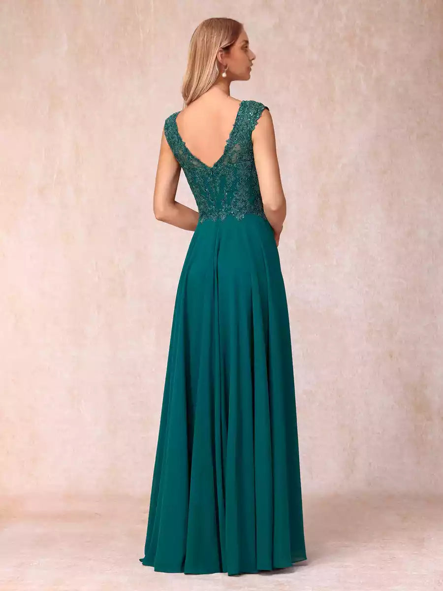 Elegant A-line/princess style chiffon collar sleeveless long formal beaded and applique Mother of the Bride Dresses