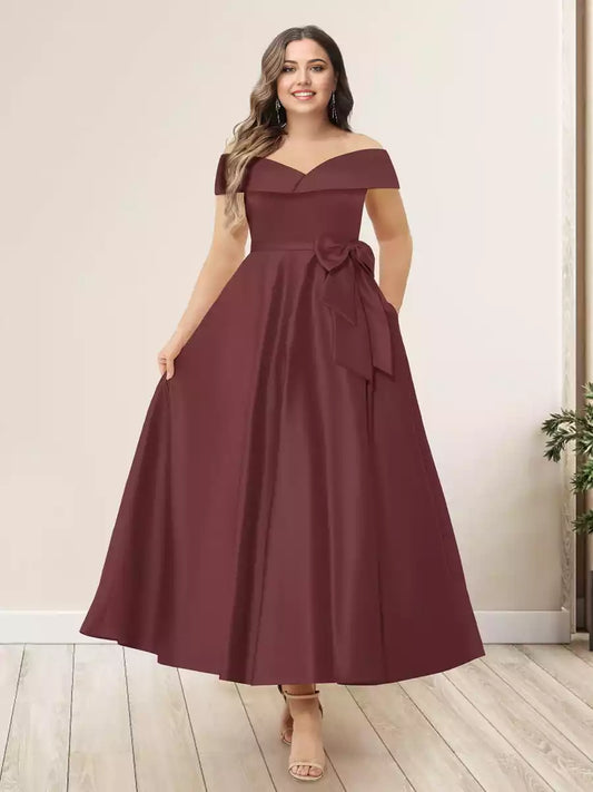 Elegant A-line/princess style off shoulder sleeveless plus size long bow Mother of the Bride Dresses