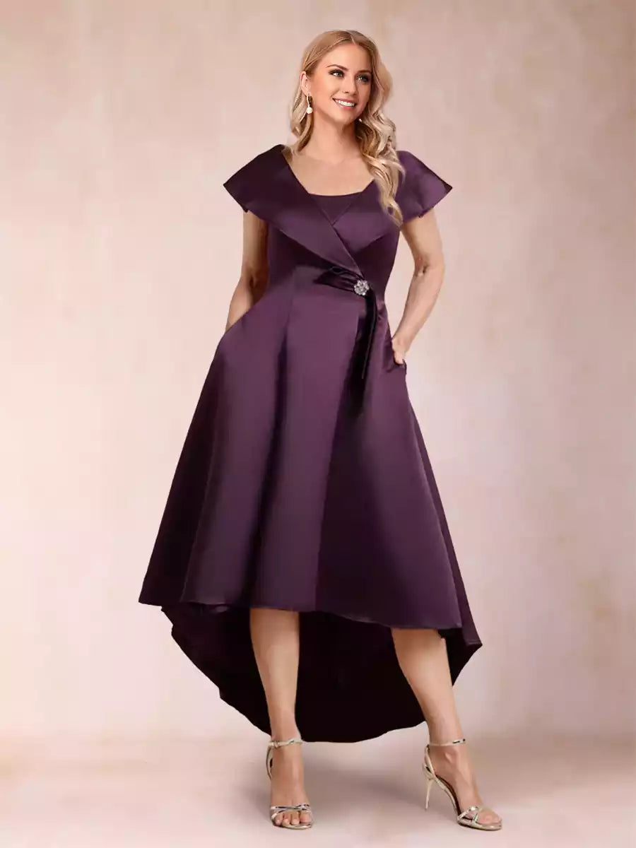 Elegant A-line/princess style square neck short sleeved asymmetrical knee length Mother of the Bride Dresses