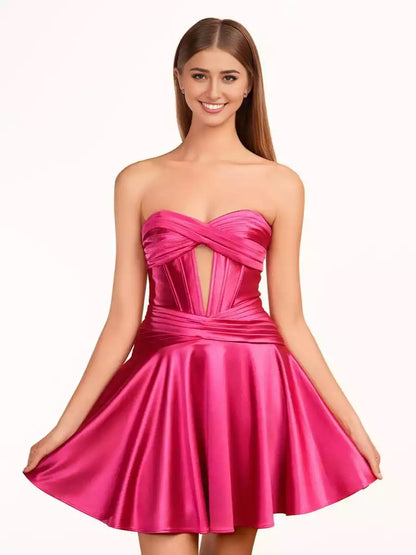 Elegant A-line short off shoulder neckline sleeveless pleated lace up back Homecoming Dresses