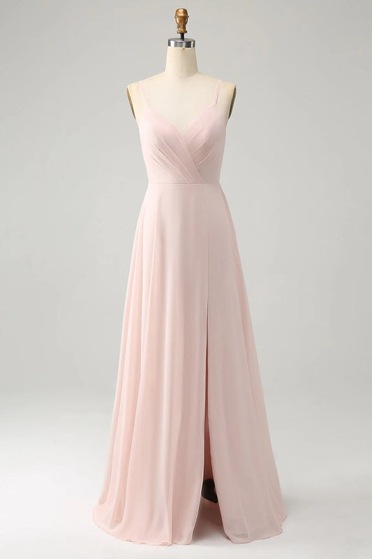 Elegant A-line slim shoulder chiffon slit long bridesmaid dress