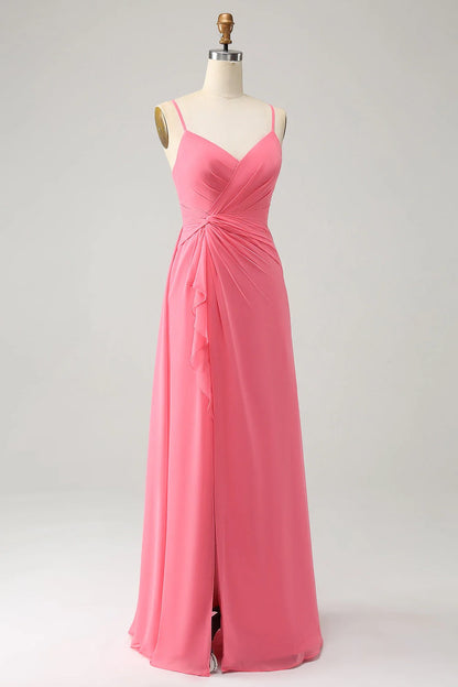 Elegant A-line slim shoulder chiffon slit long bridesmaid dress