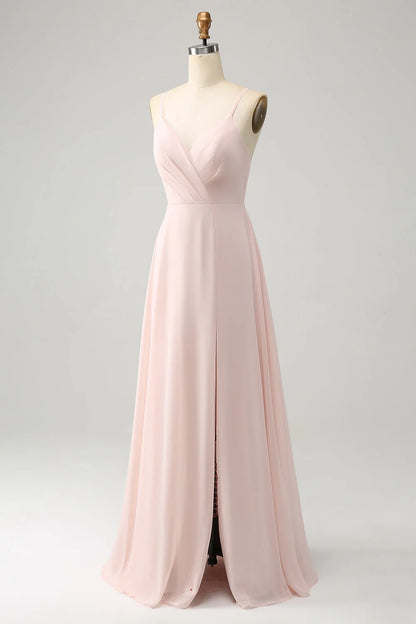 Elegant A-line slim shoulder chiffon slit long bridesmaid dress