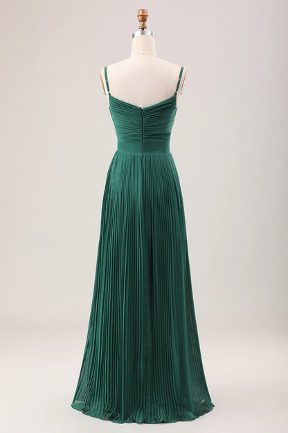 Elegant A-line slim shoulder strap pleated chiffon long bridesmaid dress