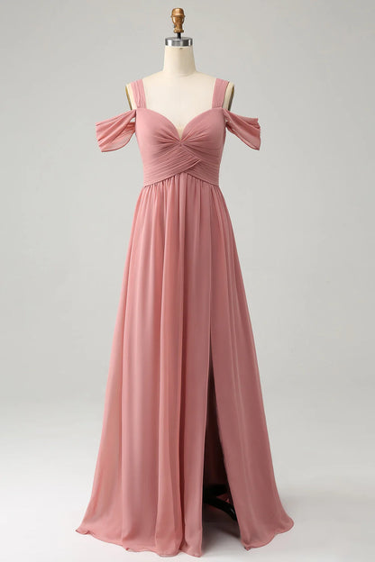 Elegant A-line slim shoulder strap pleated chiffon long slit bridesmaid dress