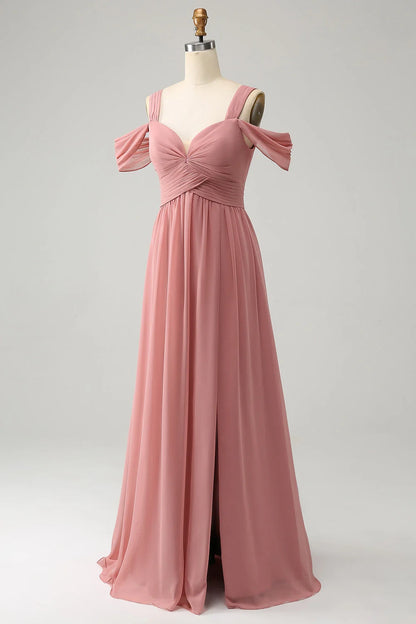 Elegant A-line slim shoulder strap pleated chiffon long slit bridesmaid dress