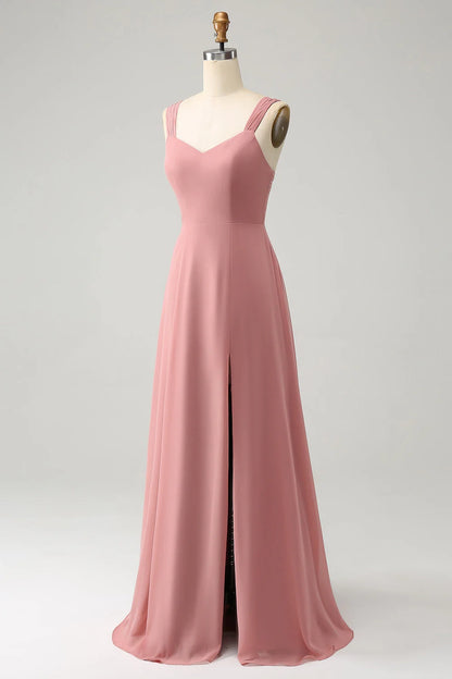 Elegant A-line slim shoulder strap pleated long slit bridesmaid dress