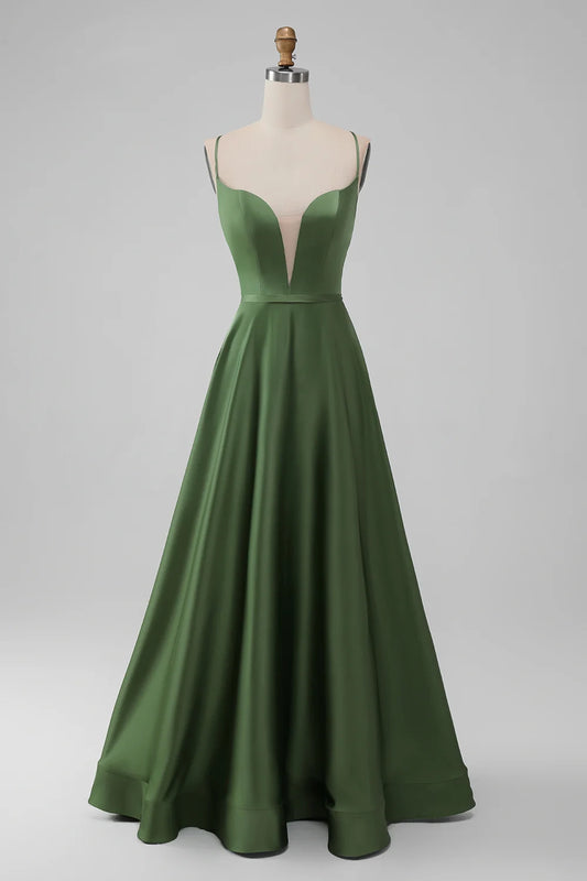 Elegant A-line slim shoulder strap waist cinching long back tie bridesmaid dress