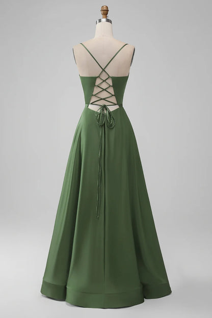Elegant A-line slim shoulder strap waist cinching long back tie bridesmaid dress