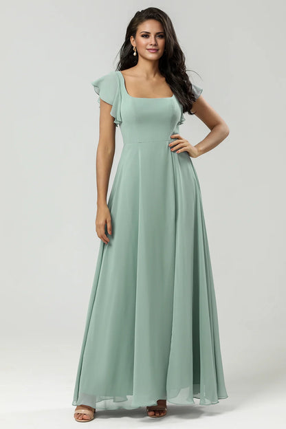 Elegant A-line square neck and chiffon slit bridesmaid dress