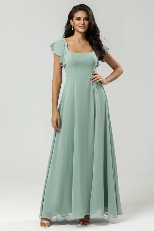 Elegant A-line square neck and chiffon slit bridesmaid dress