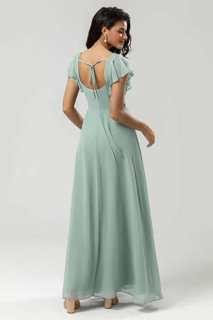 Elegant A-line square neck and chiffon slit bridesmaid dress