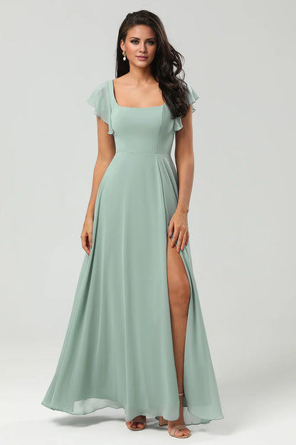 Elegant A-line square neck and chiffon slit bridesmaid dress