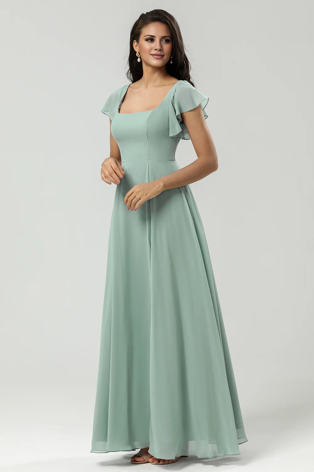 Elegant A-line square neck and chiffon slit bridesmaid dress
