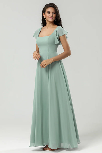 Elegant A-line square neck and chiffon slit bridesmaid dress