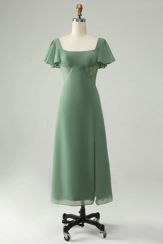 Elegant A-line square neck knee length chiffon slit bridesmaid dress