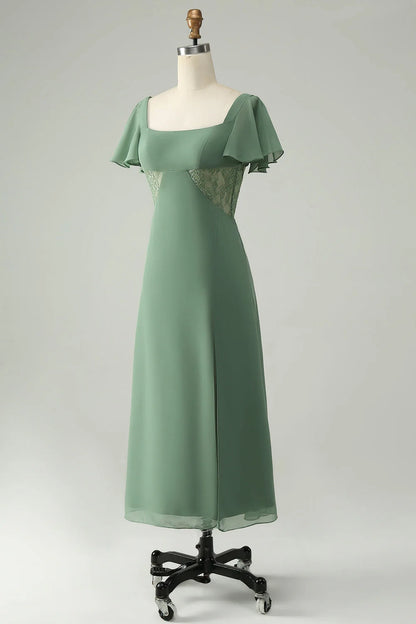 Elegant A-line square neck knee length chiffon slit bridesmaid dress