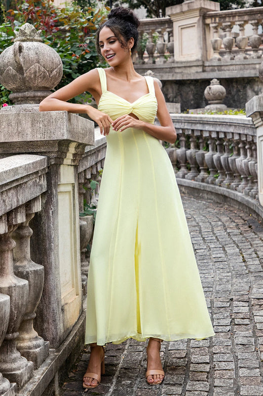 Elegant A-line square neck lock hole pleated medium length bridesmaid dress