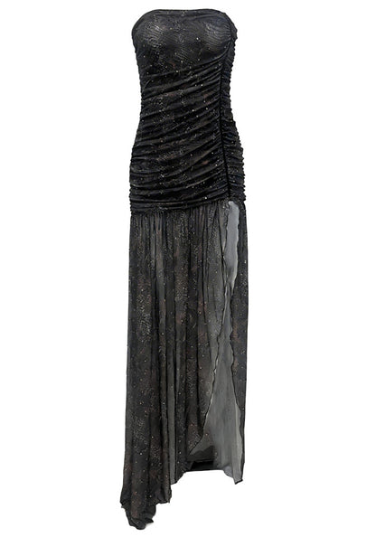 Elegant Black Shiny Mesh Strapless Mermaid High Slit Long Formal Evening Dress