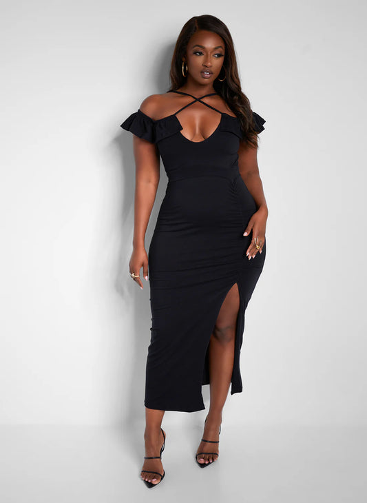 Elegant Criss Cross Halter Off The Shoulder Ruffle Ruched Slit Bodycon Midi Evening Dress