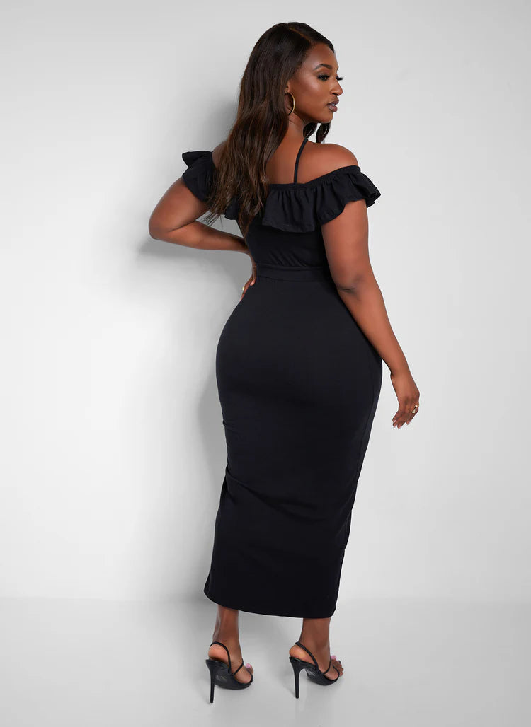 Elegant Criss Cross Halter Off The Shoulder Ruffle Ruched Slit Bodycon Midi Evening Dress
