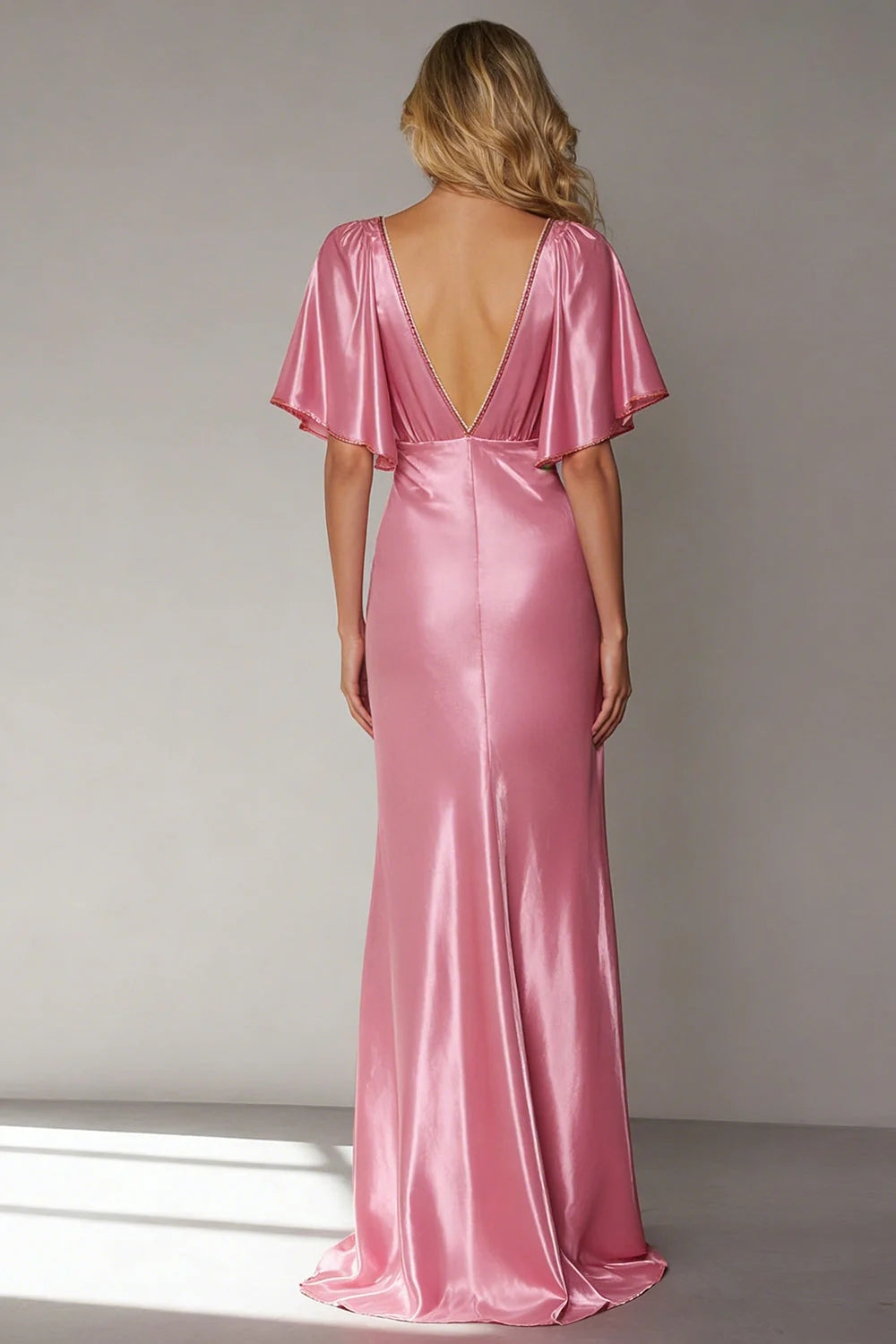 Elegant Flutter Sleeve Deep V Neck Backless Satin Mermaid Prom Dress